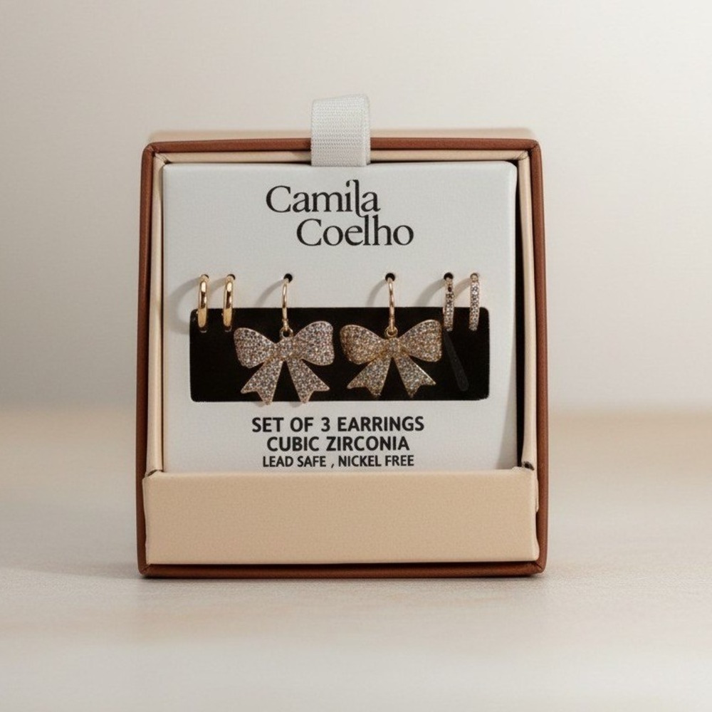 Camila Coelho 3-Pair Cubic Zirconia Earring Set - 14KT Gold Plated - NIB